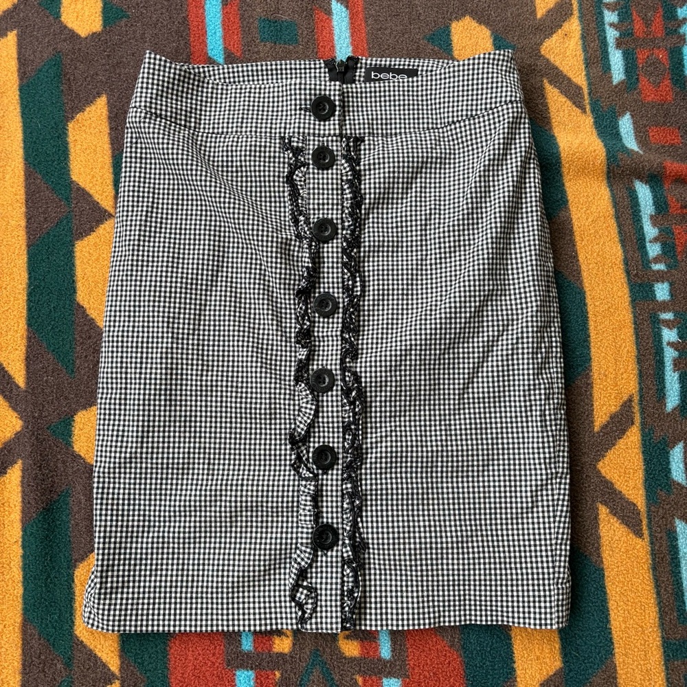 Vintage Bebe Black and White Checkered/gingham Skirt with ruffles and buttons